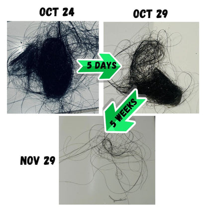 Comparison of hair clumps over a period of 5 days, 5 weeks, and 10 weeks.