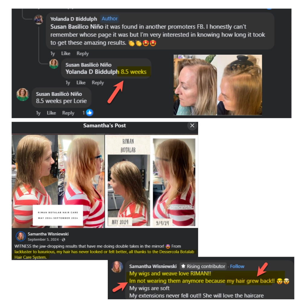 Botalab reviews- Screenshots of social media posts about hair extensions with user comments.