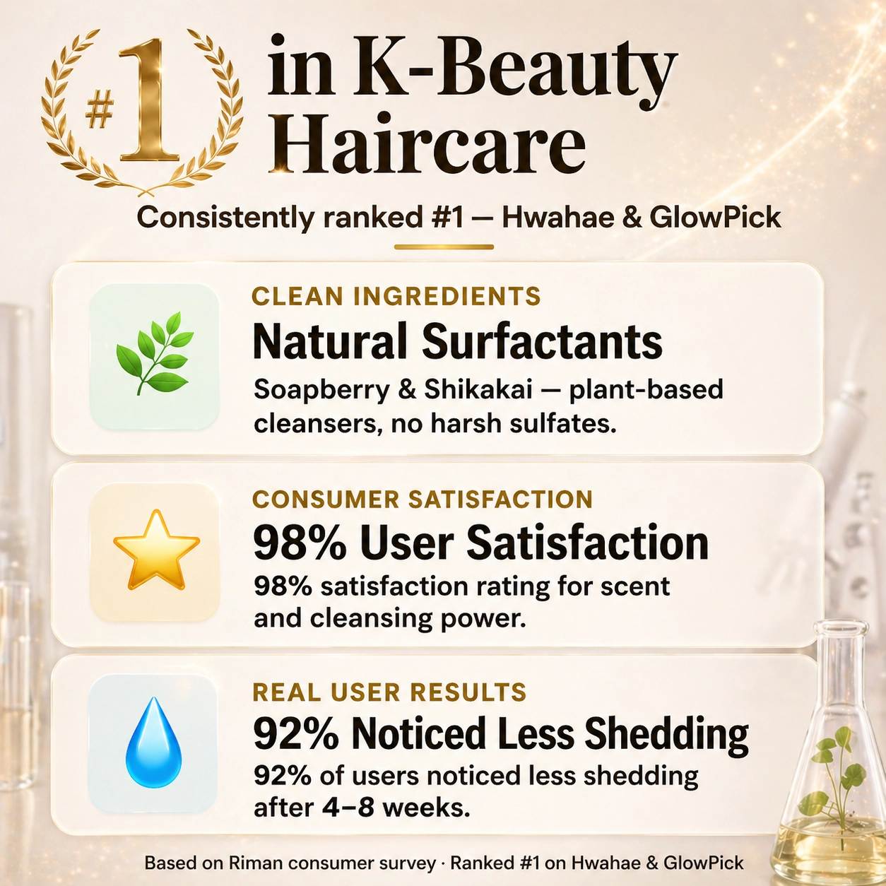 K-Beauty haircare product presenting  with accolades and benefits listed.