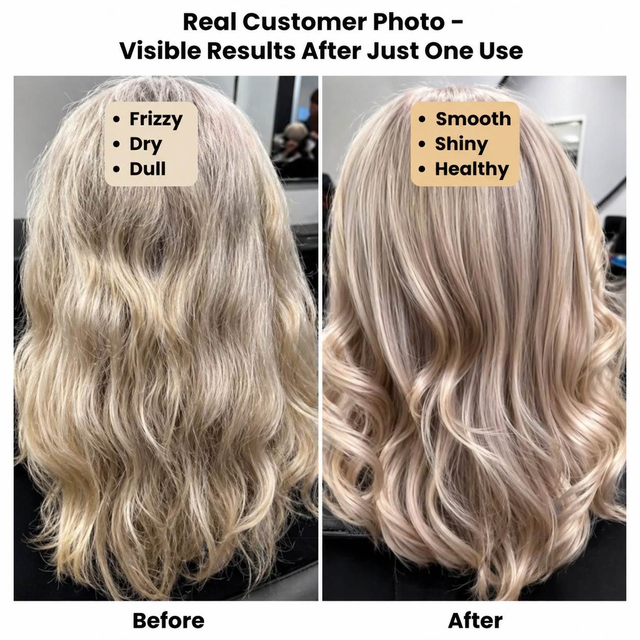 Before and after comparison of hair using Botalab, showing frizzy, dry, and dull hair on the left and smooth, shiny, and healthy hair on the right.
