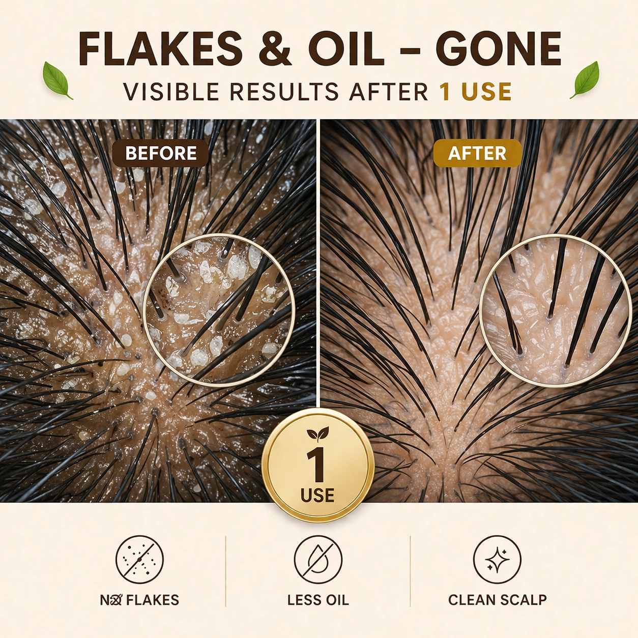 Botalab Menopause reviews- Before and after comparison of flaky skin on a scalp with visible results after one use.